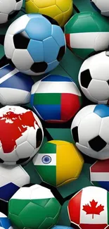 Collection of soccer balls with various country flags on a green background.