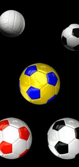 Vibrant soccer balls displayed on black wallpaper.