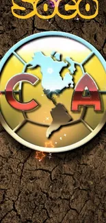 Vibrant soccer emblem on cracked earth background.