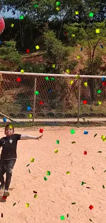 Soccer player celebrated with confetti on a sunny field.