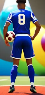 Soccer player in blue uniform on vivid abstract background.