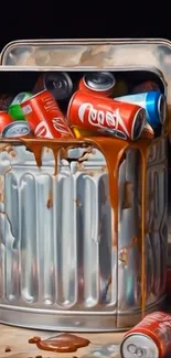 Trash can overflowing with colorful soda cans in vivid artwork.
