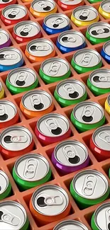 Colorful soda cans arranged in a neat pattern.