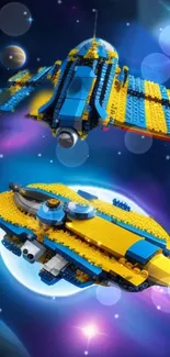 Colorful LEGO spaceships with cosmic background.