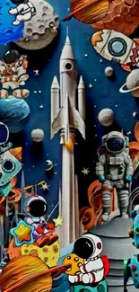 Colorful cartoon space adventure with astronauts and rockets.