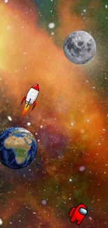 Vibrant space wallpaper with rocket and planets.