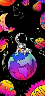 Colorful space wallpaper with planets and astronaut.