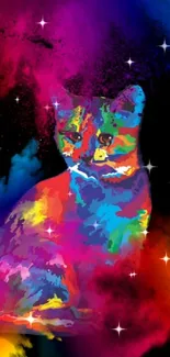 Vibrant neon cat with starry galaxy background on phone wallpaper.