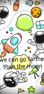 Colorful space doodles with astronauts, rockets, and planets.