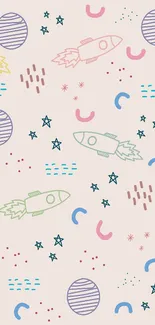 Playful mobile wallpaper with rockets and planets on light pink background.