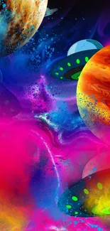 Vibrant cosmic wallpaper with colorful planets and UFOs.