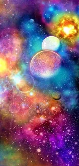 Vibrant and colorful galaxy wallpaper with planets and nebula.