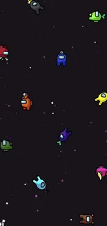 Colorful game characters float in space on a black background.