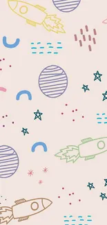 Colorful space-themed wallpaper with rockets and stars on a peach background.