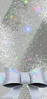 Textured gray wallpaper with sparkling rainbow bow.