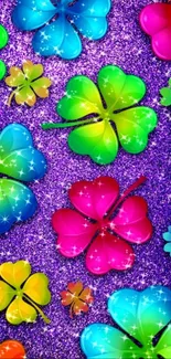 Colorful clover wallpaper with sparkling purple background