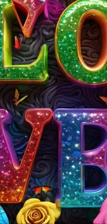 Colorful 3D text with butterflies and flowers on dark background.