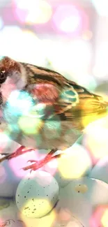 Sparrow with colorful bokeh and eggs background.