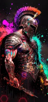 A colorful Spartan warrior on black background art.