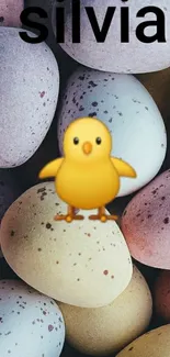 Colorful pastel speckled eggs with cute bird design wallpaper.