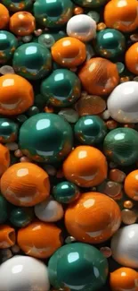 Abstract art with colorful 3D spheres in teal, orange, and white.