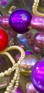 Abstract vibrant spheres and pearls in purple tones.