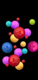 Colorful spheres floating on black wallpaper.