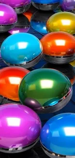 Colorful spherical elements reflecting light on a glossy surface.