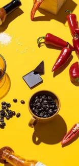 Colorful array of spices on yellow background.