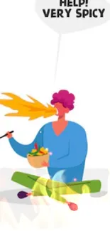 Illustration of a character eating spicy food with colorful bowls and fiery breath.