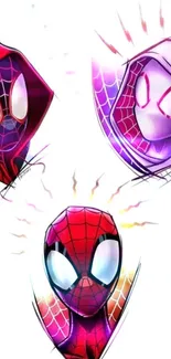 Colorful superhero-themed mobile wallpaper featuring three spider heroes.