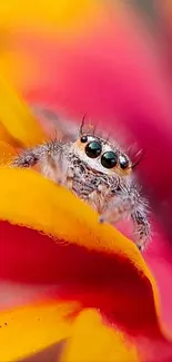 Close-up of a small spider on colorful flower petals.