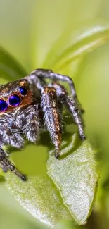 Colorful spider on a green leaf, closeup macro shot.