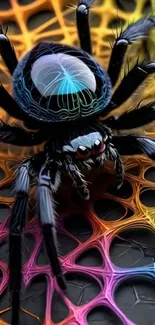 A vibrant and colorful artistic spider on a web.