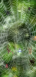 Intricate spider web with colorful spiders on a green background.