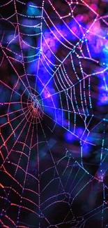 Vibrant spider web with colorful lights.