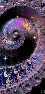 Vibrant and intricate colorful spiral fractal wallpaper design.