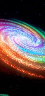 Colorful spiral galaxy with vibrant rainbow shades in a cosmic scene.