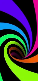 Vibrant spiral with neon colors on black background.