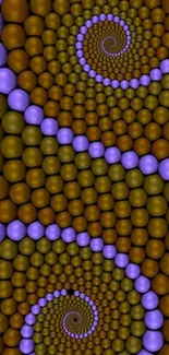 3D spiral pattern with purple and brown spheres on a mobile wallpaper.