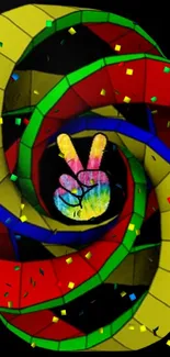 Colorful spiral with peace sign and vibrant confetti.