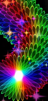 Vibrant rainbow spiral wallpaper with luminous starry effects.