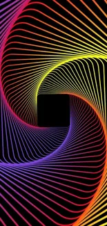 Vibrant spiral wallpaper with colorful lines on a black background.