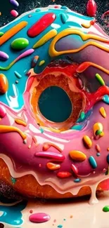 Vibrant, colorful donut with splashed icing.