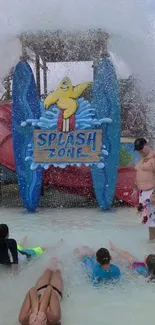 Colorful Splash Zone with water fun and kids playing.