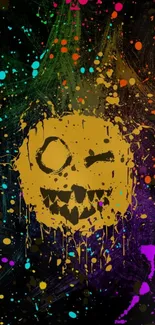 Colorful skull graffiti with splatter paint and dark background.