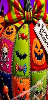 Colorful Halloween-themed pumpkin art with spooky decor.