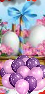 Festive mobile wallpaper with purple balloons and flowers.