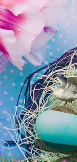 Bird and pastel eggs in a colorful spring nest.