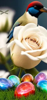 Vibrant bird on a white rose with colorful eggs on grass.